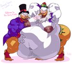 abdominal_bulge anthro beard belly big_belly big_moobs bottomwear clothing dialogue duo eyewear facial_hair glasses hat headgear headwear huge_belly huge_moobs hyper hyper_belly hypnosis male male/male mind_control moobs nipples ringed_eyes simple_background small_glasses standing text thick_thighs top_hat bobthetanuki disney ducktales ducktales_(1987) flintheart_glomgold scrooge_mcduck anatid anseriform avian bird duck mammal absurd_res digital_media_(artwork) english_text hi_res