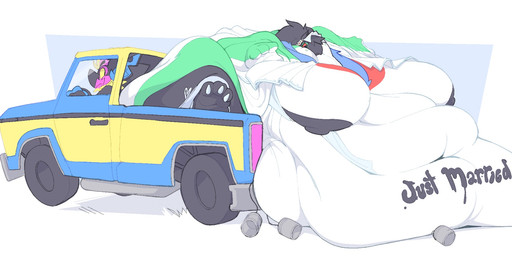 anthro areola beak belly belly_on_ground belly_overhang big_areola big_breasts big_ears big_nipples black_hair black_sclera blush breasts car clothing deep_navel dress driving duo eyeliner eyeshadow facial_hair fat_rolls feathers feet female footwear goatee green_body green_feathers hair huge_areola huge_breasts huge_nipples hyper hyper_areola hyper_breasts hyper_nipples immobile inside_car inside_vehicle just_married larger_female makeup male male/female married_couple morbidly_obese morbidly_obese_female navel nipples obese obese_anthro obese_female overweight overweight_anthro overweight_female ponytail red_eyeshadow size_difference smaller_male socks spade_tail suit tail talons toeless_footwear toeless_socks toes truck undersized_clothing vehicle wedding_dress wedding_veil yellow_sclera boot_(artist) boot_(character) carrie_(qweave) avian bat bird bovid caprine finch goat mammal oscine passerine 2025 hi_res