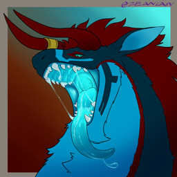 anthro blue_background blue_body blue_eyes blue_fur blue_tongue bodily_fluids fur glowing glowing_mouth gradient_background horn looking_at_viewer male mouth_shot open_mouth red_background red_body red_fur red_horn saliva simple_background solo teeth tongue zeanlain mythology haloren dragon felkin mythological_creature mythological_scalie scalie 1:1 2021 colored hi_res signature