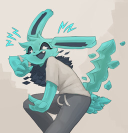 4_fingers anthro blue_body blue_ears blue_fur blue_inner_ear blue_mouth blue_sclera blue_tail blue_tongue bottomwear clothing fangs female fingers fur grey_bottomwear grey_clothing grey_pants looking_at_viewer mane open_mouth pants shirt simple_background solo t-shirt tail teeth tongue topwear tuft white_background white_clothing white_eyes white_shirt white_t-shirt white_topwear storm_(artist) nintendo pokemon shockwave_(liquafusion) eeveelution generation_1_pokemon jolteon pokemon_(species) 2026