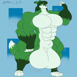animal_genitalia anthro balls belly big_balls big_muscles biped blue_eyes fully_sheathed fur gain genitals green_body green_fur green_hair growth hair huge_balls huge_muscles hyper hyper_balls hyper_genitalia hyper_muscles male male_anthro muscle_growth muscular muscular_anthro muscular_male overweight sheath solo standing transformation weights white_belly dirtymac mac-daddy canid canine fox mammal 1:1 absurd_res hi_res