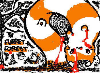 abstract_background ambiguous_feral ambiguous_gender black_text blood blood_on_face bodily_fluids dialogue ellipsis feet feral hindpaw looking_at_viewer markings mouth_closed multicolored_body noseless orange_body pawpads paws quadruped ring_(marking) simple_eyes solo squigglevision text two_tone_body upside_down whiskers white_body ligma_(artist) nintendo pokemon furret generation_2_pokemon pokemon_(species) 2025 animated digital_media_(artwork) english_text flat_colors low_res wigglypaint_(artwork)