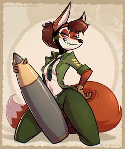 accessory anthro breasts brown_body brown_hair clothing dipstick_tail eyebrows eyelashes female gloves hair hand_on_hip handwear hood inner_boob kneeling markings military_uniform necktie purple_eyes shell_(projectile) smile solo tail tail_markings uniform white_body psicoyote mouritzeen_(lenyavok) canid canine fox mammal 2026 absurd_res hi_res