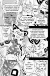 anthro breasts cheetah cleavage clothed clothing comic cookie_(furryfight_chronicles) daigaijin dialogue english_text felid feline female furryfight_chronicles hi_res mammal midriff monochrome nyarai_(furryfight_chronicles) rodent sciurid text tree_squirrel
