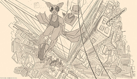 anthro backpack breasts building city cityscape claws clothing electronics eyewear falling female fur high-angle_view looking_at_viewer membrane_(anatomy) membranous_wings perspective phone sideless_clothing sideless_leotard skyscraper solo sunglasses tail text wearing_sunglasses wing_claws wings arcr-cric bat mammal 2025 artist_name dated digital_media_(artwork) hi_res monochrome sequence signature url