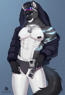abs anthro black_hair black_nipples black_nose blue_eyes bottomwear bulge cellphone cheek_tuft clothed clothing electronics eyewear eyewear_on_head facial_tuft front_view fur goggles goggles_on_head grey_body grey_fur hair holding_object holding_phone jewelry logo looking_at_viewer male male_anthro muscular muscular_anthro muscular_male navel necklace nipples open_clothing open_topwear pants pecs phone smartphone solo standing striped_arms text topwear tuft white_body white_bottomwear white_clothing white_fur white_pants apple-faced canid canine mammal absurd_res artist_logo artist_name hi_res portrait three-quarter_portrait