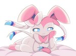 ambiguous_gender arm_support bedroom_eyes blue_body fur leaning_on_elbow leg_markings looking_at_viewer markings multicolored_body narrowed_eyes pink_body pink_ears pink_fur ribbons_(anatomy) seductive socks_(marking) solo white_body rael nintendo pokemon eeveelution generation_6_pokemon pokemon_(species) sylveon 2022 hi_res