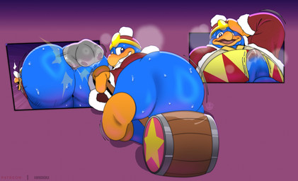 anthro balls beak big_butt blue_body blush blush_lines bodily_fluids breath butt clothed clothing disembodied_penis embarrassed genital_fluids genitals hammer hat headgear headwear huge_butt leaking_precum looking_at_viewer looking_back looking_back_at_viewer looking_down looking_down_at_genitalia looking_down_at_penis looking_down_at_self looking_pleasured male nervous nervous_smile on_ground open_mouth overweight overweight_anthro overweight_male panting pantsless penetration penis precum precum_on_own_penis precum_on_penis sex shaking_butt shirt simple_background smile solo surprised sweat sweatdrop sweaty_butt sweaty_legs sweaty_thighs throbbing throbbing_penis tools topwear had0u kirby_(series) nintendo king_dedede avian bird penguin digital_media_(artwork) hi_res