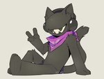 4_fingers anthro black_body electronics eyeless fingers gesture hand_gesture headphones kerchief kerchief_only male mostly_nude neckerchief neckerchief_only neckwear open_mouth simple_background sitting solo v_sign pterro monstercat_media monstercat domestic_cat felid feline felis mammal 2019 hi_res