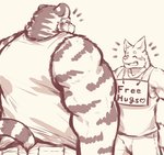 anthro blush cheerful clothed clothing duo free_hugs male male/male muscular muscular_anthro muscular_male shirt sign size_difference tank_top topwear nullraihigi canid canine canis domestic_dog felid mammal pantherine tiger meme