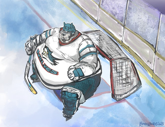 anthro armor belly breath clothed clothing crouching footwear fur goalie grey_body grey_fur headgear helmet high-angle_view hockey_gloves hockey_goal hockey_helmet hockey_jersey hockey_rink hockey_stick holding_hockey_stick ice_hockey ice_rink ice_skates inside jersey logo_print male moobs obese obese_anthro obese_male overweight overweight_anthro overweight_male shirt solo sports_uniform text topwear uniform wide_hips aokamidu canid canine canis mammal wolf 2025 artist_name dated english_text