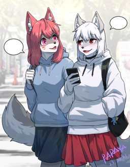 anthro blue_bottomwear blue_clothing blue_hoodie blue_skirt blue_topwear bottomwear clothed clothing duo female front_view fur glistening glistening_eyes grey_body grey_fur hair hand_in_pocket hoodie inner_ear_fluff open_mouth pink_eyes pockets red_bottomwear red_clothing red_eyes red_hair red_skirt red_tongue skirt speech_bubble standing tongue topwear tuft white_body white_clothing white_fur white_hair white_hoodie white_inner_ear_fluff white_topwear papayafurry canid mammal 2023 dated hi_res signature