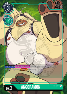 ahoge animal_genitalia anthro anus balls belly belt card card_template fully_sheathed fur genitals grin hair hair_over_eyes long_ears male moobs navel nipples overweight pawpads playing_card ponytail_ears sheath smile solo text yellow_body yellow_fur gendomx bandai_namco digimon angoramon digimon_(species) english_text hi_res