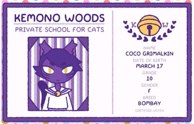anthro asian_clothing bell clothing east_asian_clothing female fur hair id_card japanese_clothing japanese_school_uniform purple_body purple_fur purple_hair school_uniform serafuku solo tail text uniform yellow_eyes 90percentdenny 90_percent_studios purrfect_apawcalypse coco_grimalkin domestic_cat felid feline felis mammal 2019 english_text