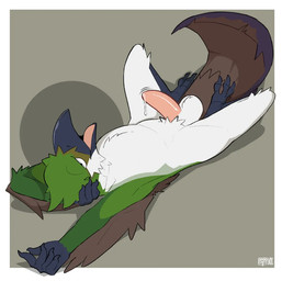 anthro avian_feet balls beak belly_tuft bodily_fluids crossed_arms erection feathers genital_fluids genitals looking_at_viewer looking_pleasured lying male on_back open_beak open_mouth penis precum presenting presenting_penis solo tail tail_feathers tuft sodacaps avian bird hirundinid oscine passerine swallow_(bird)