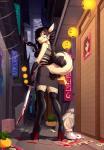 2017 5_fingers anthro biped black_hair blood bodily_fluids boots breasts canid canine cigarette clothing detailed_background digital_media_(artwork) ear_piercing facial_piercing female fingers footwear fur hair high_heeled_boots high_heels holding_melee_weapon holding_object holding_sword holding_weapon japanese legwear mammal mask melee_weapon money piercing shoes smile solo spefides standing striped_body striped_fur stripes sword tan_body tan_fur thigh_boots thigh_highs weapon