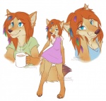 2015 ailuranthropy anthro beverage biped blue_eyes breasts canid canine canis cleavage clothed clothing coffee container coyote cup dress feathers female food kohi_(waruikoohii) looking_at_viewer mammal multiple_poses pose seductive smile solo standing tongue tongue_out