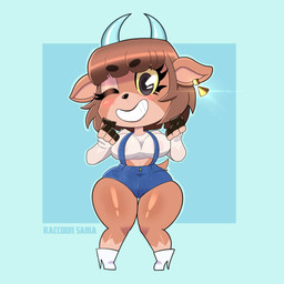 4_fingers anthro areola bangs belly big_breasts blue_clothing blue_overalls blush boots bottomwear bouncing_breasts bovid_horn breasts brown_body brown_fur brown_hair caprine_horn chibi clothing crop_top curvy_figure ear_piercing eyebrows female fingers footwear fur fur_markings goat_horn hair horn hotpants hourglass_figure knock-kneed lipstick looking_at_viewer makeup markings messy_hair nipples one_eye_closed overalls piercing pink_nipples purple_eyes shirt shoes short_hair shorts smile solo tank_top thick_eyebrows thick_thighs tight_clothing topwear translucent translucent_clothing wink winking_at_viewer yellow_sclera raccoon_sama animal_crossing nintendo pashmina_(animal_crossing) animal_humanoid bovid bovid_humanoid caprine caprine_humanoid goat goat_humanoid humanoid mammal mammal_humanoid 1:1 hi_res