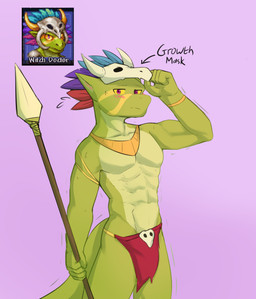 abs anthro athletic athletic_male blush bone bone_mask bottomwear clothing femboy green_body loincloth looking_at_viewer male mask melee_weapon muscular muscular_anthro muscular_male polearm serratus skull skull_mask smile solo spear tail weapon cheezychezu terraria witch_doctor_(terraria) lihzahrd lizard reptile scalie absurd_res hi_res