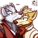 anthro bite duo eye_patch eyewear face_bite humor male male/male nom whiskers ventkazemaru nintendo star_fox fox_mccloud wolf_o'donnell canid canine canis fox mammal wolf 1:1 absurd_res hi_res