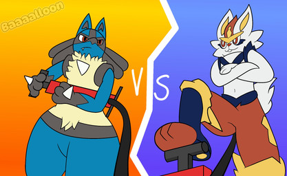 air_inflation ambiguous_gender anthro belly belly_inflation bicycle_pump black_body black_fur black_inner_ear blue_body blue_fur buckteeth chest_spike crossed_arms duo facial_markings featureless_crotch fur gloves_(marking) hand_spike head_markings hose hose_in_butt inflation markings mask_(marking) navel orange_background pawpads purple_background red_body red_eyes red_fur red_nose simple_background spikes spikes_(anatomy) teeth text white_body white_fur yellow_body yellow_fur yellow_inner_ear yellow_pawpads baaaalloon nintendo pokemon cinderace generation_4_pokemon generation_8_pokemon lucario pokemon_(species) 2026 digital_drawing_(artwork) digital_media_(artwork) english_description english_text hi_res