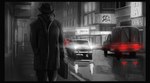 anthro black_border border briefcase building car city clothed clothing coat detective hat headgear headwear male noir raining road solo topwear trenchcoat vehicle walking drake1dragon dragomar lizard reptile scalie absurd_res digital_media_(artwork) hi_res