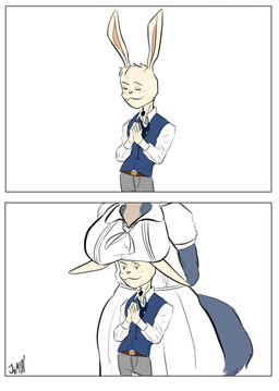 :3 anthro belt big_breasts blue_clothing blue_topwear blue_vest boob_hat bottomwear breasts clothed clothing crossgender dress duo ears_up eyes_closed faceless_character faceless_female female ftm_crossgender fully_clothed fur grey_body grey_fur hands_behind_back hands_together larger_female long_ears male male/female mtf_crossgender pants pattern_bottomwear pattern_clothing pattern_pants praying romantic romantic_couple school_uniform shirt simple_background size_difference smaller_male striped_bottomwear striped_clothing striped_pants stripes topwear uniform vest white_background white_clothing white_dress jiim_01 beastars haru_(beastars) legoshi_(beastars) canid canine canis domestic_rabbit dwarf_rabbit lagomorph leporid mammal oryctolagus rabbit wolf 2020 hi_res signature watermark