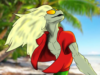 anthro beach clothed clothing eyewear hair long_hair male open_clothing open_shirt open_topwear shirt solo sunglasses topwear iron_shrimp scalie 4:3