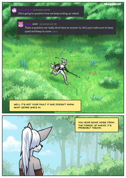 anthro axe border breasts clothing detailed_background female fur gloves gloves_only grey_body grey_fur hair halberd handwear handwear_only long_hair melee_weapon mostly_nude mostly_nude_anthro mostly_nude_female outside plant polearm running solo tail text tree weapon white_body white_border white_fur white_hair thecumrat sylvia_(thecumrat) canid canine fox mammal absurd_res comic english_text hi_res story