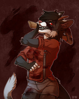 anthro axe blood bodily_fluids clothed clothing fangs female horn looking_at_viewer melee_weapon open_mouth saliva simple_background solo teeth tongue weapon diesel_wiesel canid canine mammal 4:5 hi_res