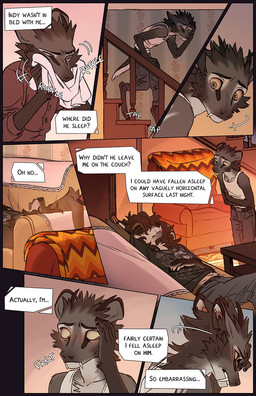 anthro barefoot biped black_nose blep blush brown_body brown_eyes brown_fur canine_teeth cheek_tuft clothed clothed_anthro clothing duo eyes_closed facial_tuft feet fluffy fluffy_tail fur furniture grey_body grey_fur hair head_tuft inner_monologue inside male pointy_ears prick_ears sleeping sleeping_on_sofa slight_blush snout sofa stairs tail tan_body tan_fur text text_box thinking tongue tongue_out tuft tusks wiping_face yellow_sclera falco_works indy_(justroadkill) pen_(falco_works) canid canine canis cervine coyote deer mammal tufted_deer 2026 better_version_at_source comic digital_media_(artwork) english_text hi_res