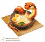 2017 ambiguous_gender bowl brown_eyes comically_large_object container detailed detailed_food digital_media_(artwork) digital_painting_(artwork) eating egg english_text feral food grey_body grey_scales humor in_food noodles orange_body orange_scales piper_thibodeau pun reptile scales scalie simple_background snake solo text url visual_pun white_background yellow_body yellow_scales