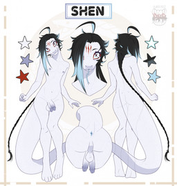 2_penises 5_fingers anthro anus backsack balls black_hair blue_anus blue_glans blue_hair_tips blue_nipples blue_tongue butt diphallism facial_markings femboy fingers flaccid forehead_markings forked_tongue genitals glans hair head_markings logo long_braid long_hair looking_at_viewer male markings multi_genitalia multi_penis nipples penis perineum presenting presenting_anus rear_view scales simple_background solo star_polygon tail text tongue vertical_diphallism white_background white_body white_eyes white_scales x_pupils burryro shen_(vic_johansen) reptile scalie snake 2025 artist_logo character_name digital_drawing_(artwork) digital_media_(artwork) hi_res model_sheet