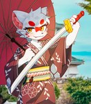 anthro asian_clothing blush clothing cute_fangs east_asian_clothing fangs fur hair holding_object japanese_clothing kemono kimono looking_at_viewer male male_anthro melee_weapon samurai solo sword teeth umbrella wagasa warrior weapon white_body white_fur white_hair yellow_eyes kloe_mone mammal mustelid musteline true_musteline weasel 2025 digital_media_(artwork) hi_res portrait