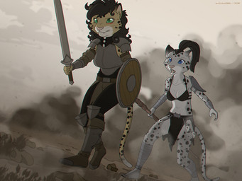 anthro armor blue_eyes clothed clothing duo female fur green_eyes grey_body grey_fur hair holding_object holding_weapon melee_weapon shield shoulder_ward spots staff standing warrior weapon autumndeer microsoft the_elder_scrolls felid khajiit mammal 2018 4:3 digital_media_(artwork) shaded