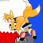 2_tails anthro anus backsack balls bodily_fluids bottomless butt clothed clothing cloud_emanata emanata erection exercise exercise_bike footwear fur genital_fluids genitals gloves handwear looking_at_viewer looking_back male mostly_nude multi_tail penis precum shoes simple_background socks solo sweat sweaty_butt tail tkraccoon sega sonic_the_hedgehog_(series) miles_prower canid canine fox mammal hi_res