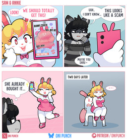 :3 anthro big_breasts black_eyes black_hair black_nose blonde_hair bodily_fluids breasts buckteeth chair choker cleavage clothed clothing collar_tag dialogue dress duo electronics ellipsis eyelashes female female_anthro footwear fur furniture grey_body grey_fur hair holding_object holding_phone jewelry markings minidress mole_(marking) mole_on_breast mole_under_eye necklace open_:3 open_mouth phone pink_clothing pink_dress pink_footwear pink_nose pink_ribbon raised_leg red_eyes ribbon_collar sad skull_collar_tag sparkles sparkling_eyes tears teeth text thought_bubble white_body white_fur onigiri_punch annie_(onigiri_punch) sam_(onigiri_punch) lagomorph leporid mammal procyonid rabbit raccoon absurd_res comic english_text hi_res