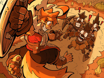 5_fingers 5_toes action_pose ahoge anthro armor barefoot claws clothing exclamation_point feet female finger_claws fingerless_gloves fingers freckled_face freckles gloves grin group hair handwear holding_object holding_pickaxe humanoid_feet pawpads pickaxe plantigrade plantigrade_pawpads pose pouch_(clothing) shield smile soles stirrup_footwear stirrup_legwear teeth toe_claws toes weapon ceehaz dog_knight_rpg maci_(ceehaz) canid canine canis domestic_dog gnoll hyena mammal pomeranian spitz 2025 4:3 absurd_res hi_res