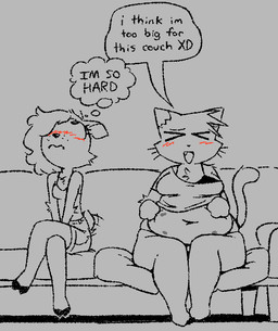 >_< anthro belly blush bra_strap clothed clothing covering covering_crotch covering_erection covering_penis crossed_legs duo eyelashes eyes_closed female furniture hooves intersex looking_up multi_nipple navel nipples obese obese_female overweight overweight_female sitting sofa speech_bubble tail tail_motion tailwag text thought_bubble whiskers xd funnysillydog deer domestic_cat felid feline felis mammal 2026 english_text greyscale monochrome gynomorph_(lore)