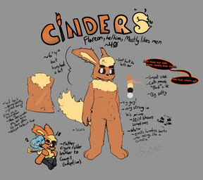 anthro brown_sclera carrying_another dark_sclera duo fluffy fur looking_at_viewer male musclegut muscular orange_body orange_fur piggyback scar smile solo_focus speech_bubble tail text torn_ear white_eyes gazaster nintendo pokemon cinders_(gazaster) canid canine eeveelution flareon generation_1_pokemon mammal pokemon_(species) 2025 digital_media_(artwork) english_text hi_res model_sheet signature