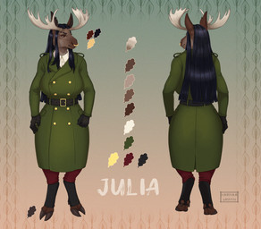 anthro antlers belt black_belt black_clothing black_eyebrows black_gloves black_hair black_handwear black_hooves black_legwear bottomwear brown_body brown_eyes brown_fur brown_markings buckle clothing coat color_swatch dark_markings ear_markings ears_up eyebrows facial_markings facial_piercing female front_view fur gloves gold_(metal) gold_jewelry gradient_background green_background green_clothing green_coat green_topwear hair handwear head_markings hooves horn jewelry leg_markings legwear long_hair looking_away markings nose_piercing nose_ring pants pattern_background piercing rear_view red_bottomwear red_clothing red_pants ring_piercing septum_piercing serious shirt_cuffs simple_background socks_(marking) solo standing tan_background toeless_legwear topwear unguligrade white_dress_shirt harmaagriffin julia_(rex5611) deer mammal moose new_world_deer model_sheet