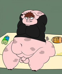 anthro balls bed belly beverage beverage_bottle big_belly big_butt black_clothing black_shirt black_topwear bottle brown_hair butt clothing container curled_tail furniture genitals hair huge_belly huge_butt hyper hyper_belly hyper_butt looking_pleasured male mattress morbidly_obese navel obese overweight penis pink_body shirt soda soda_bottle solo tail topwear jadetanuki domestic_pig mammal suid suine sus_(pig) hi_res