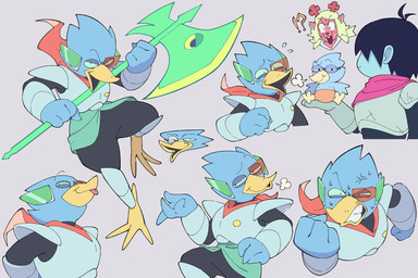 3_toes angry anthro armor avian_feet axe barefoot blep blue_body blue_feathers cross-popping_vein feathers feet female male melee_weapon scouter solo_focus spread_toes toes tongue tongue_out weapon luaudrey deltarune undertale_(series) berdly kris_dreemurr noelle_holiday avian bird deer human mammal hi_res multiple_images