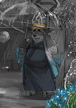 5_toes anthro barefoot belly clothed clothing feet flip_flops footwear hat headgear headwear humanoid_hands kemono male outside overweight overweight_anthro overweight_male paws raining sandals shoes slightly_chubby solo toes umbrella tiri_mama canid canine mammal raccoon_dog tanuki 2021 hi_res