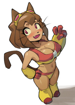 anthro big_breasts bikini bikini_bralette biped breasts brown_hair clothed clothing eyelashes female hair hand_on_hip pupils red_clothing smile solo standings swimwear two-piece_swimsuit whiskers yellow_clothing nico-mo gameoverse glitch_productions kit_bodega domestic_cat felid feline felis mammal hi_res