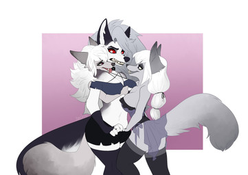 anthro anthro_on_anthro bottomwear clothed clothing ear_piercing ear_ring eyebrow_piercing eyebrow_ring facial_piercing fangs female female/female fluffy fluffy_tail fur grey_body grey_fur grey_hair group hair hand_in_pants licking neck_lick piercing red_sclera ring_piercing shorts standing tail teeth tongue tongue_out trio white_eyes white_hair zoecinno hellaverse helluva_boss mythology abigail_(zoecinno) loona_(helluva_boss) olivia_(zoecinno) canid canid_demon canine demon hellhound hybrid mammal mythological_canine mythological_creature vampire 2021 hi_res sibling_(lore) twins_(lore)