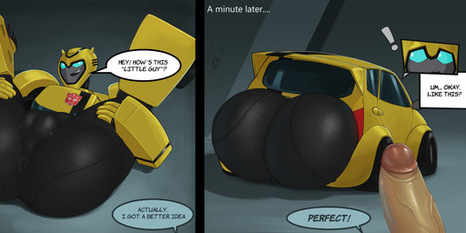 after_transformation anus autobot backsack balls big_butt blue_eyes bodily_fluids butt car dialogue duo erection foreskin genitals humanoid_genitalia humanoid_penis legs_up looking_at_viewer lying machine male not_furry offscreen_character on_back penis presenting presenting_anus retracted_foreskin solo speech_bubble spread_legs spreading sweat sweatdrop text vehicle brouva hasbro takara_tomy transformers transformers:_animated_(2007) bumblebee_(transformers) cybertronian human humanoid living_machine mammal robot robot_humanoid absurd_res digital_media_(artwork) english_text hi_res