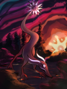 ambiguous_gender brown_body brown_skin detailed_background feral grass outside plant solo sun tree wispyvixen reptile scalie unknown_species 2023 hi_res