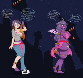 barefoot bottomwear breast_expansion breasts butt butt_expansion clothing corruption expansion eyewear feet female footwear glasses green_hair growth hair holidays horn horn_growth human_to_humanoid humanoid_pointy_ears long_hair not_furry pants pointy_ears shoes solo spade_tail species_transformation standing tail text thought_bubble transformation wing_growth wings mentalcrash halloween demon demon_humanoid human humanoid mammal 2020 absurd_res english_text hi_res