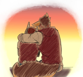 anthro bandage black_body black_fur brown_body brown_fur clothing duo fur hug male male/male orange_body orange_fur outside school_uniform sitting sunset uniform zordykeaboo home_zomewhere_else chad_harman fred_kent canid canine canis dobermann domestic_dog german_shepherd herding_dog hybrid mammal mastiff molosser pastoral_dog pinscher rottweiler hi_res